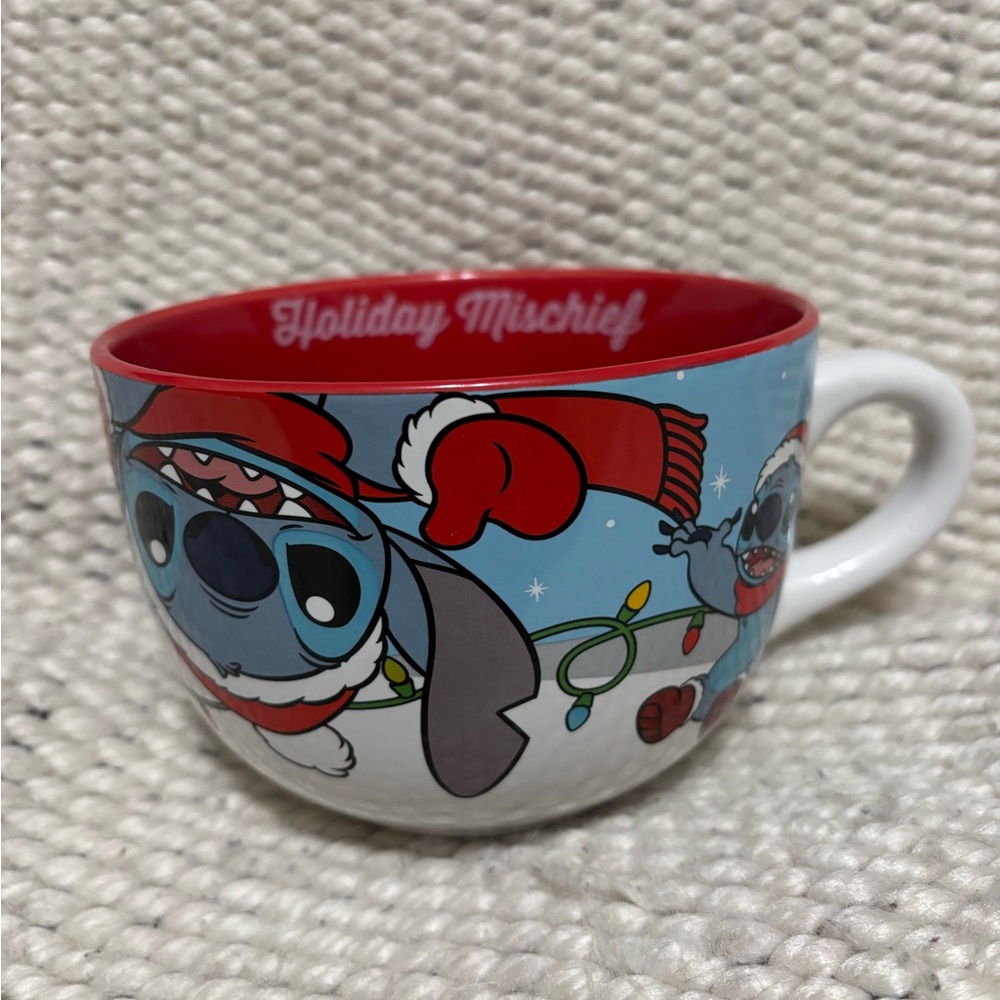 BNWT Lilo & Stitch Holiday Mischief Blue and Red Mug. 29 oz - extra large size.